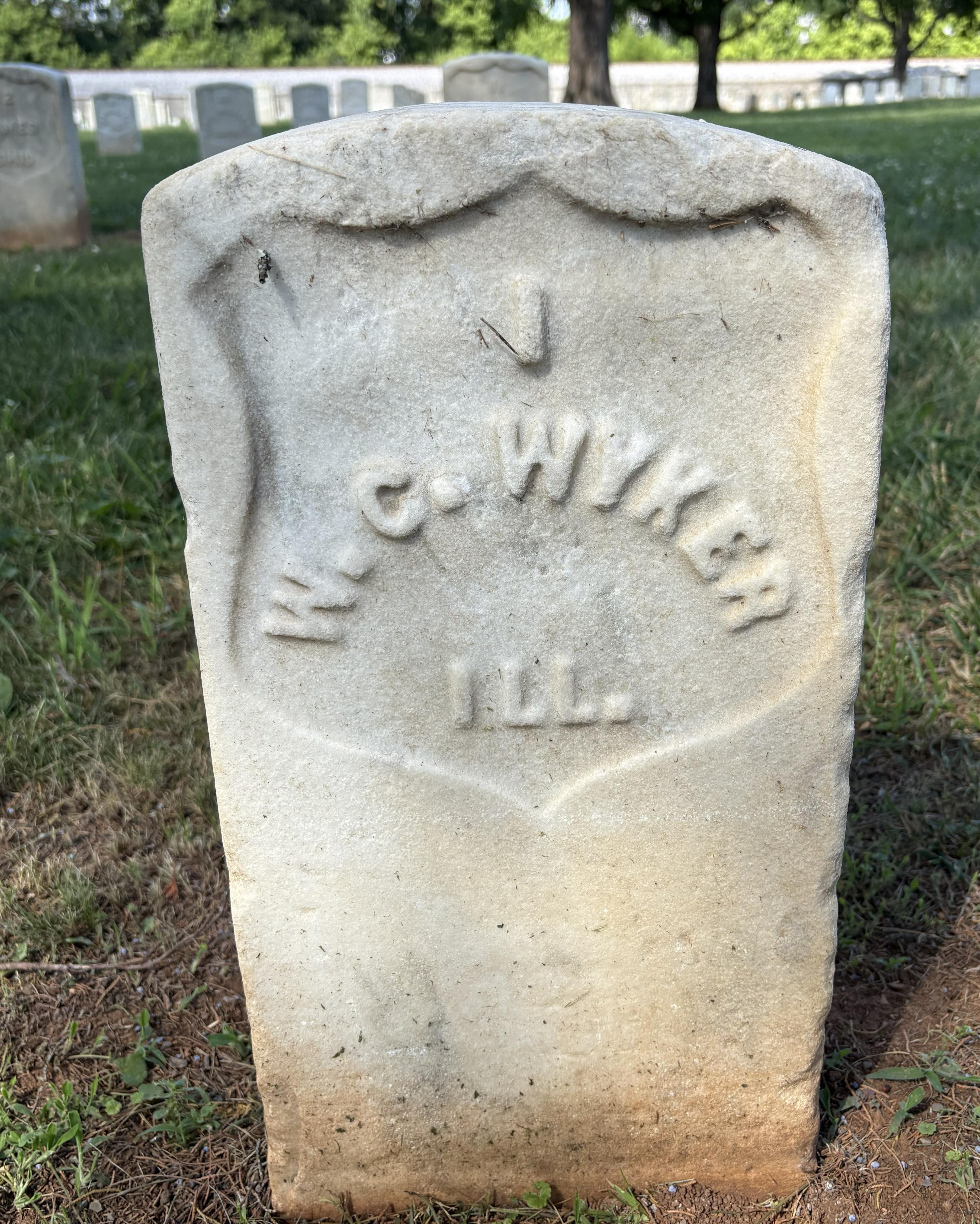 Marble headstone belonging to Walter Wyker, a Civil War veteran. 