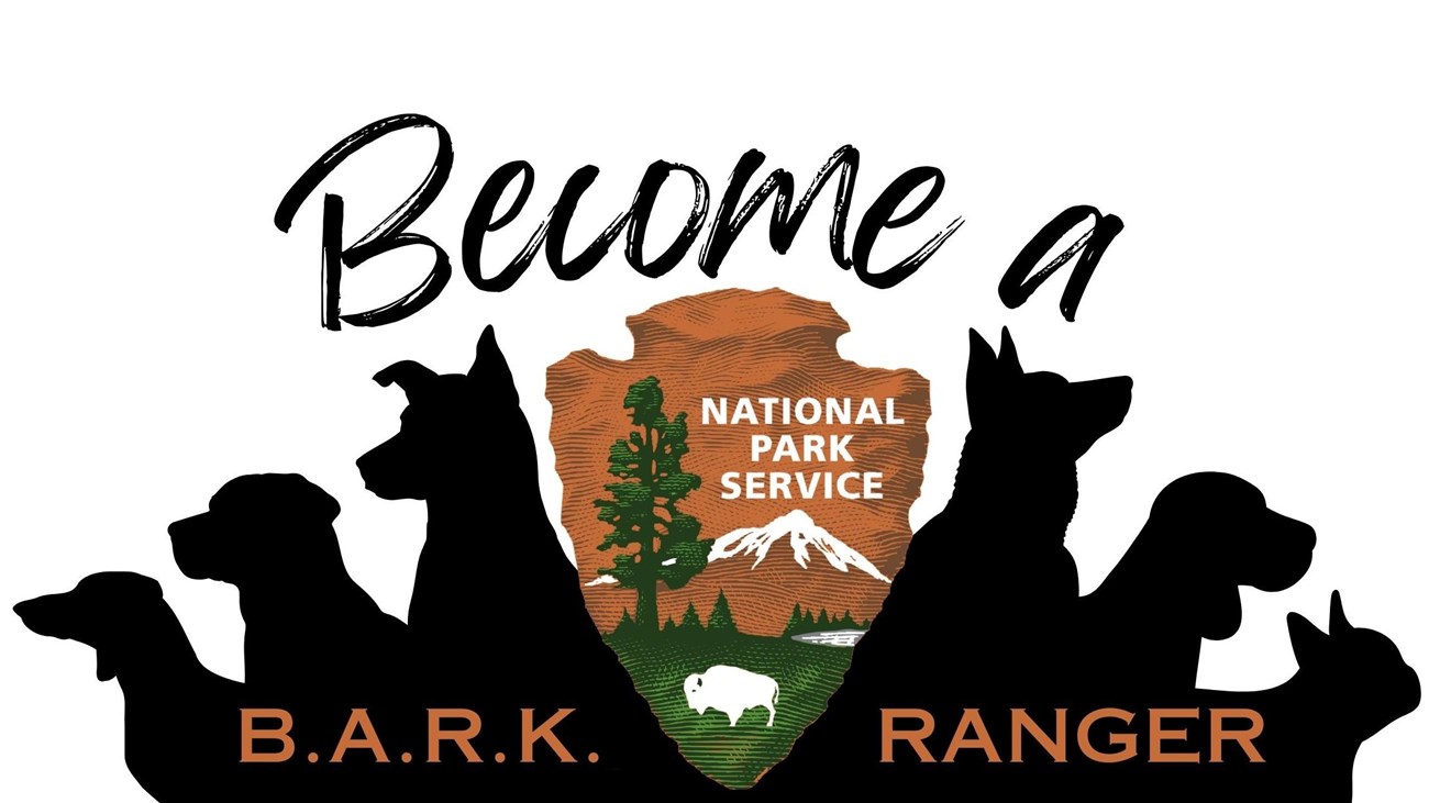 Silhouette of 6 dogs behind the NPS Arrowhead with the text