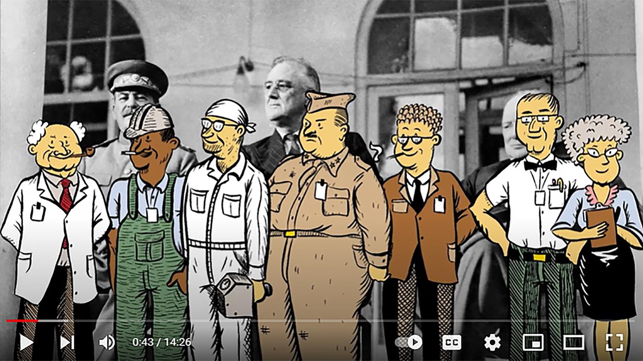 A color illustration of seven characters in front of a black and white photo of three men.