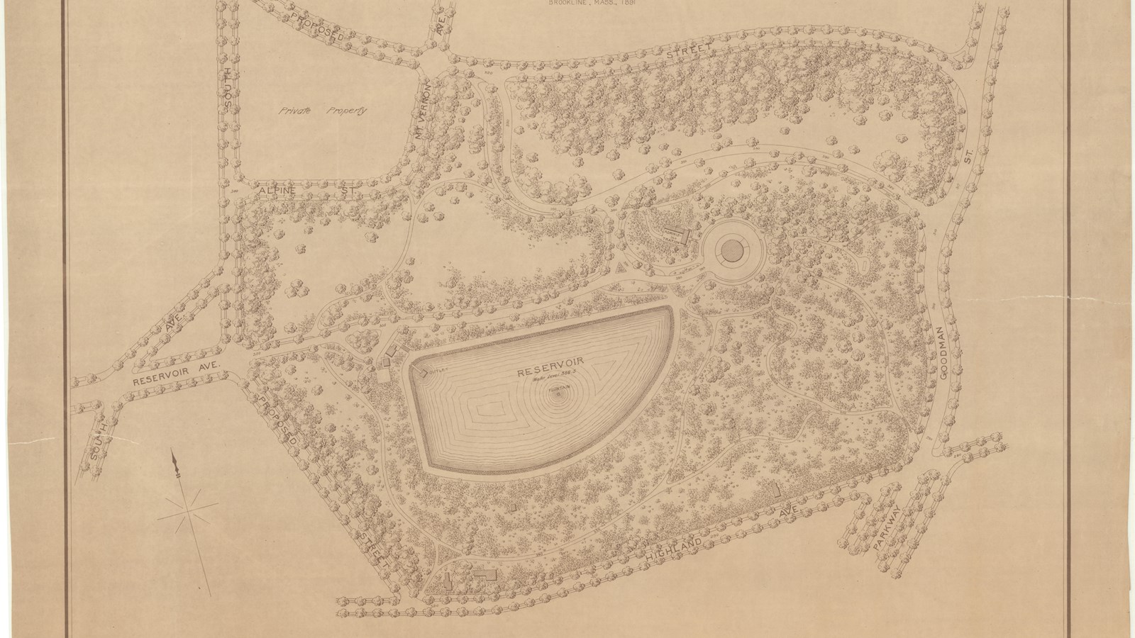 Pencil plan of park with reservoir, little green space and many trees together and lining roads