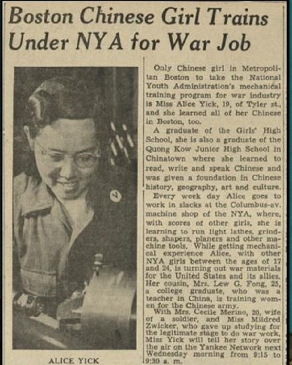 Newspaper article with photo of Alice Yick working on machinery to the left.
