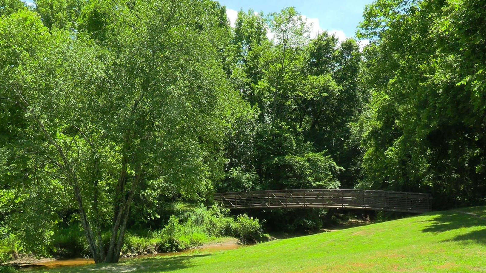 pedestrian bridge crossing over small muddy creek surrounded by green foliage.