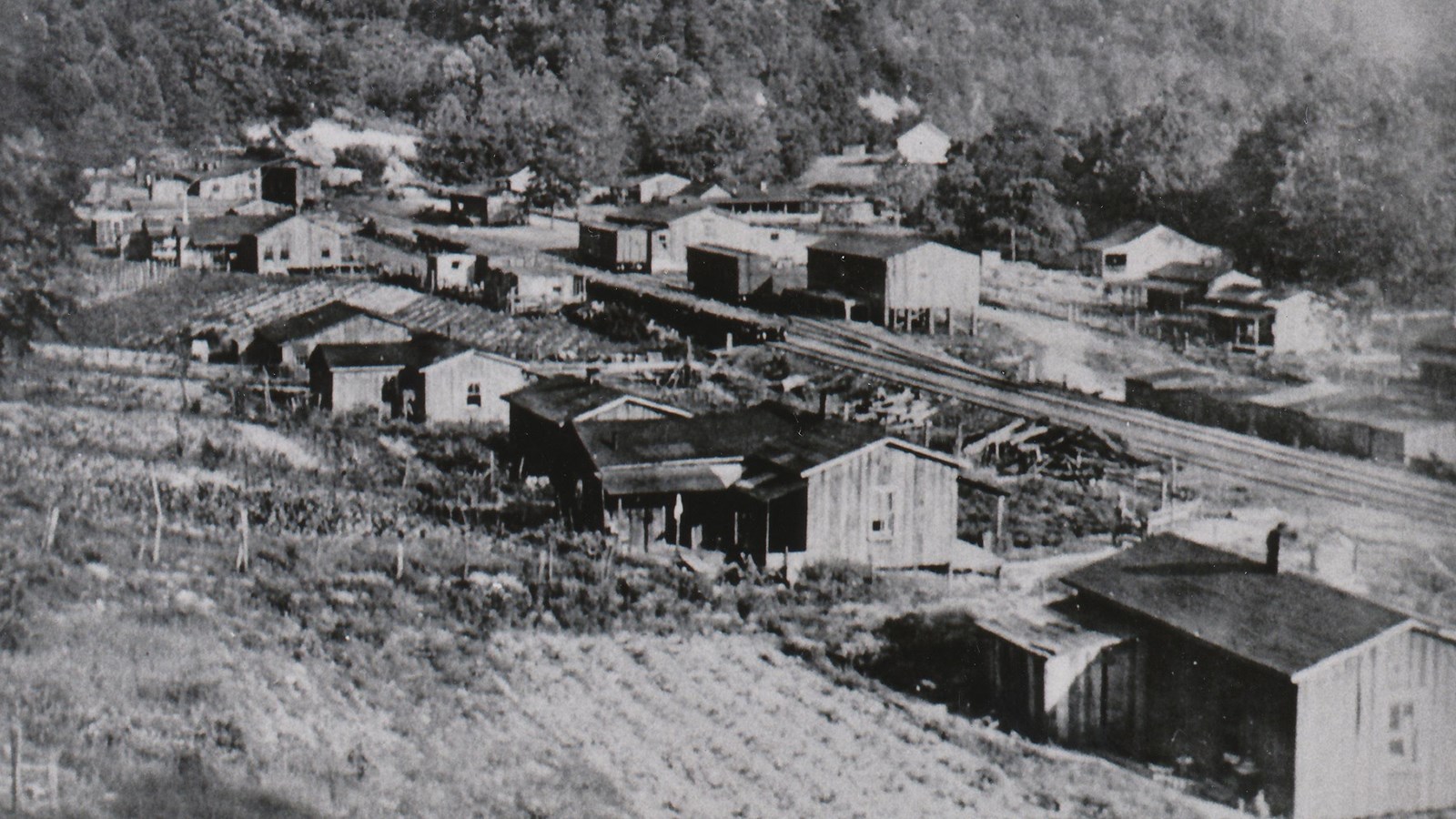 Black and white image of the historic town of Elkmont.