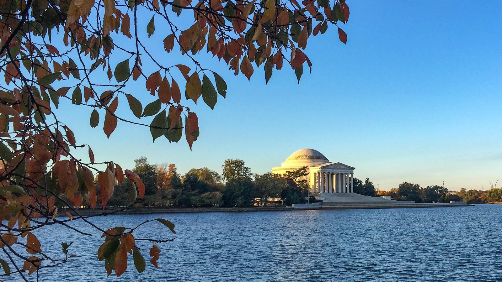 A white building sits in the distance, surrounded by water and trees with red leaves