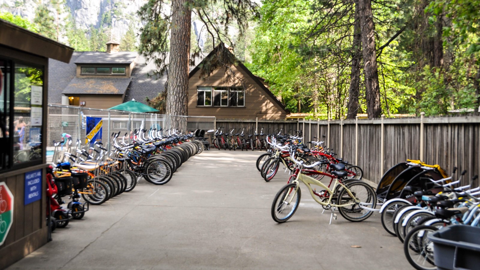 Bikes lined up at the rental facility at Yosemite Valley Lodge