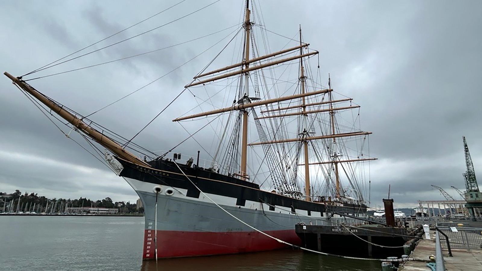 The three-masted ship Balclutha is docked at Mare Island.