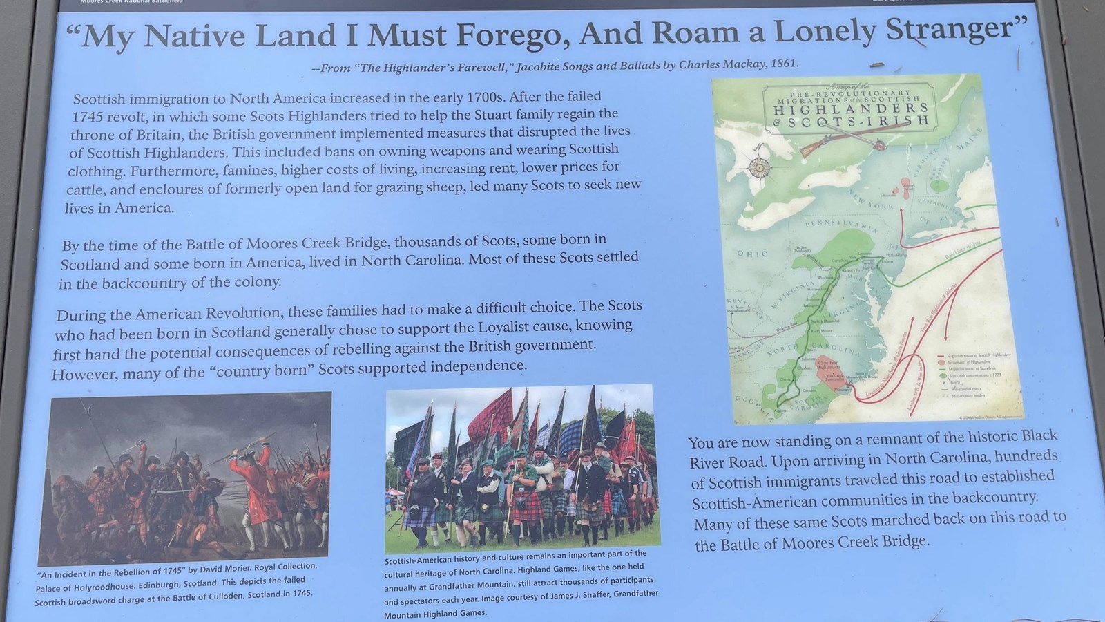 Metal Exhibit with blue panel with focused on Scottish heritage and immigration