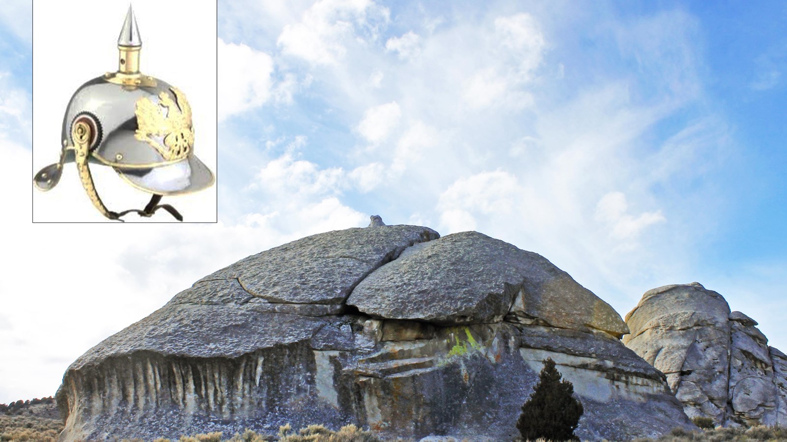 Large granite dome-like formation and an example of a shiny silver and gold helmet.