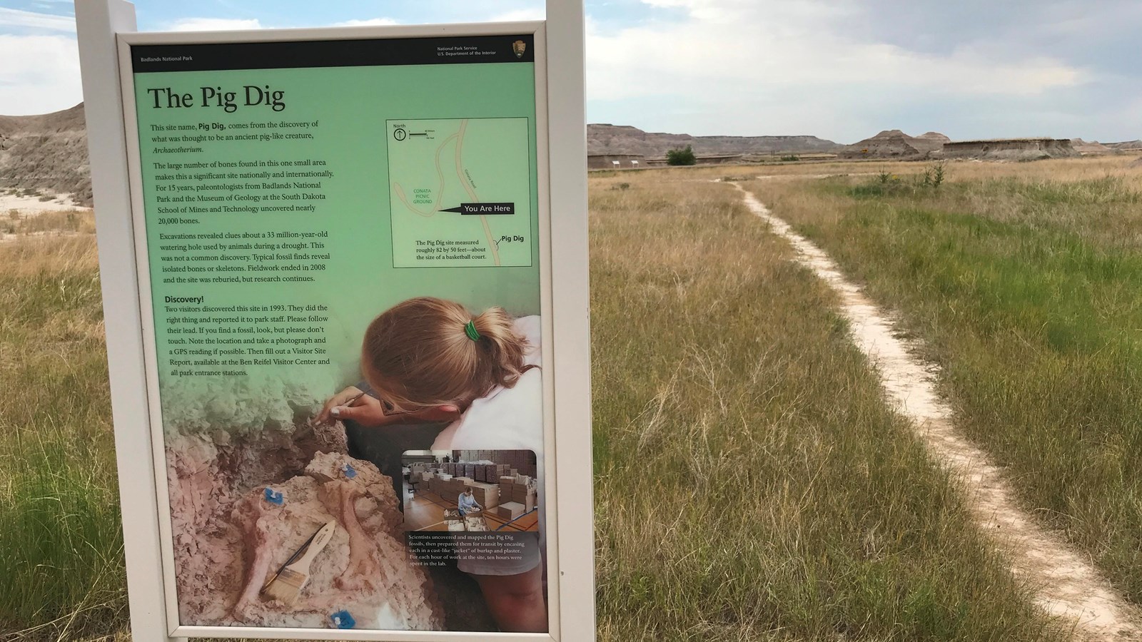 A wayside titled The Pig Dig is alongside a trail that extends into prairie grasses and badlands.
