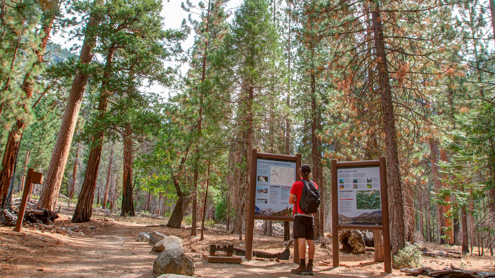 Two metal signs are found at a trailhead, and have a map, mileage, and other trail information.