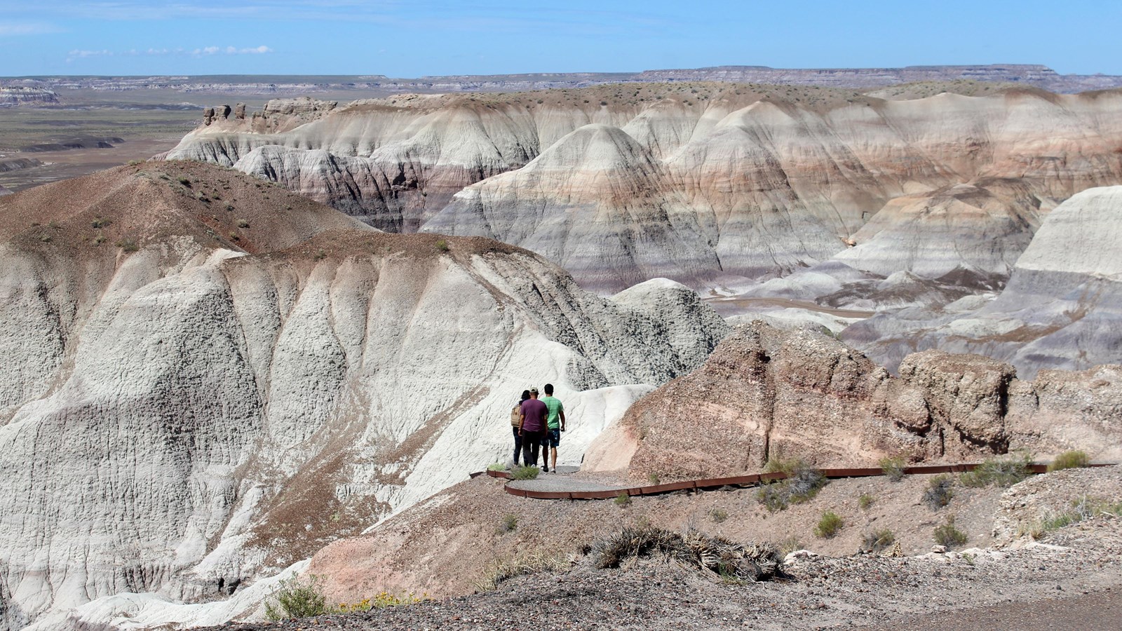 Hikers walk amidst gray, blue, and purple badlands along a trail under a blue sky.