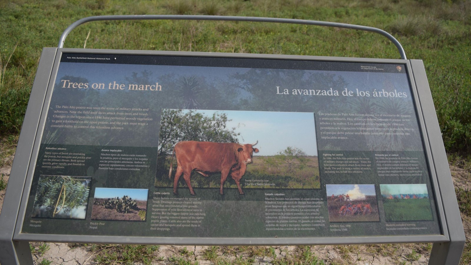 A low-profile cantilever wayside base in grey weathering steel for a 36”x 24” interpretation panel. 