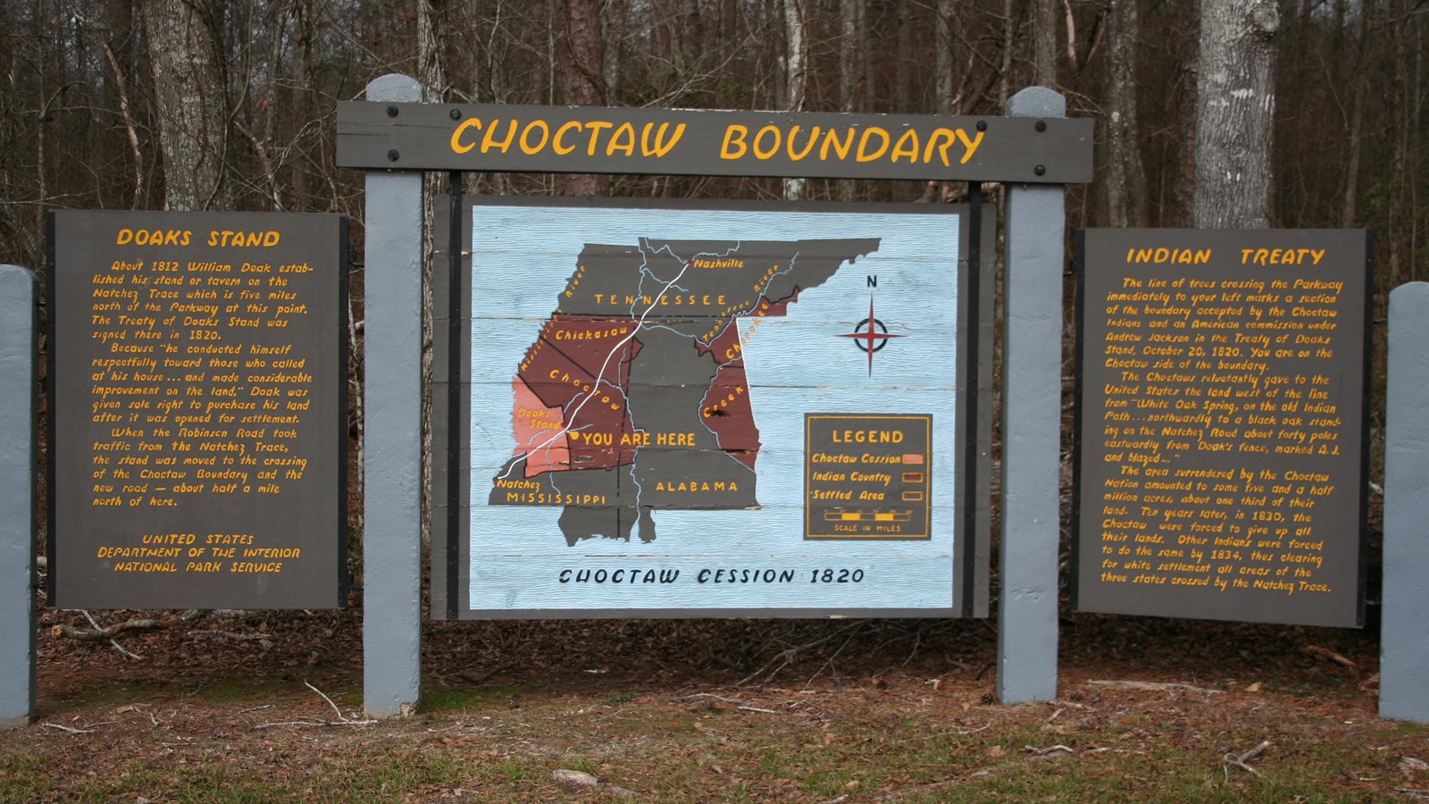 Information sign at Upper Choctaw Boundary explaining various treaties and what life was like.