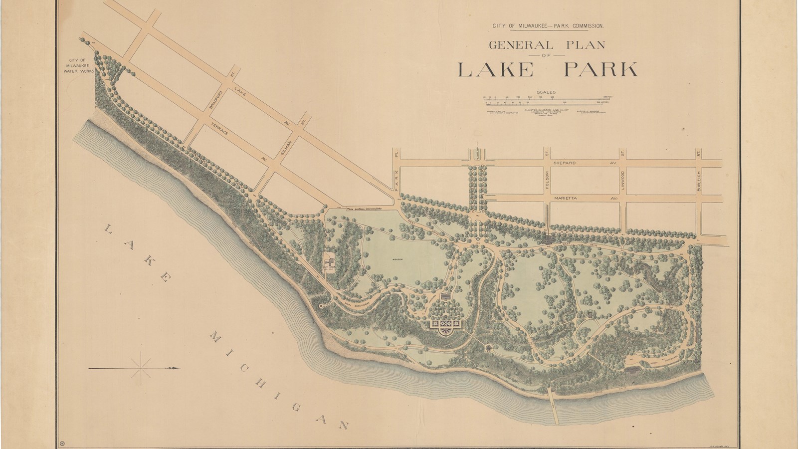 Color pencil plan of park by the water with some open space, lots of curving paths and trees