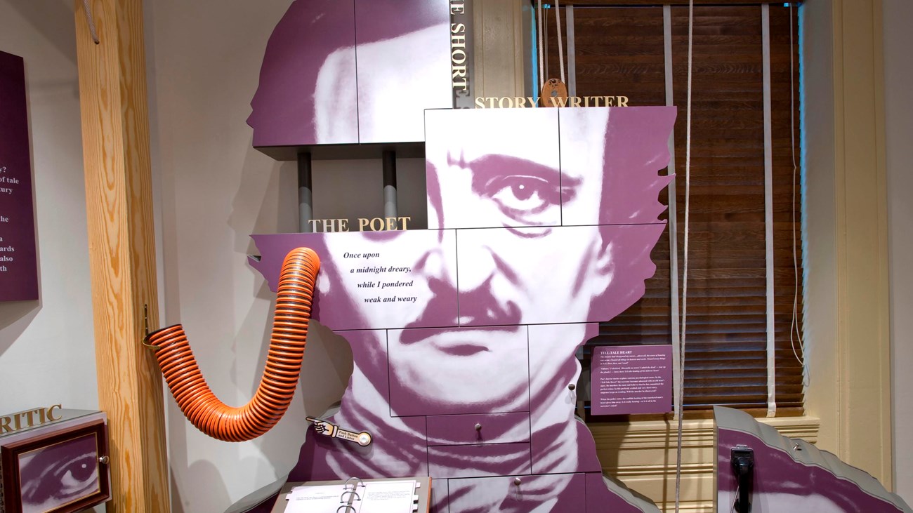 Color photo of exhibit component showing an enlarged photo of Edgar Allan Poe.