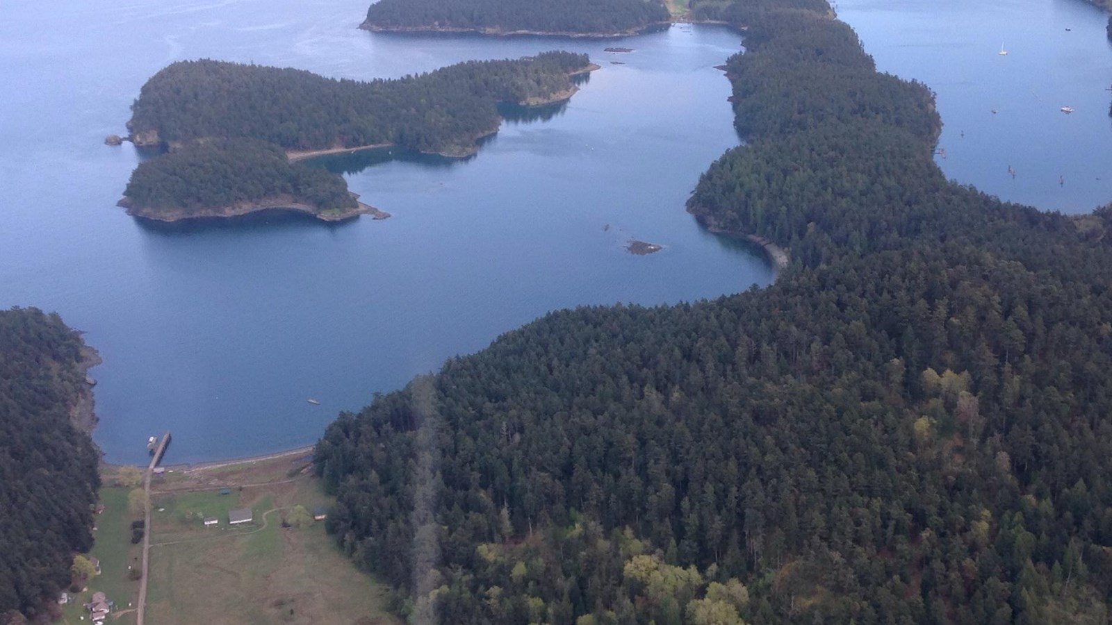 overhead view of a bay with outlying islands
