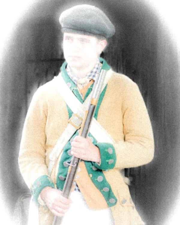 A faint, washed out image of a younger man wearing a Continental soldier's uniform.