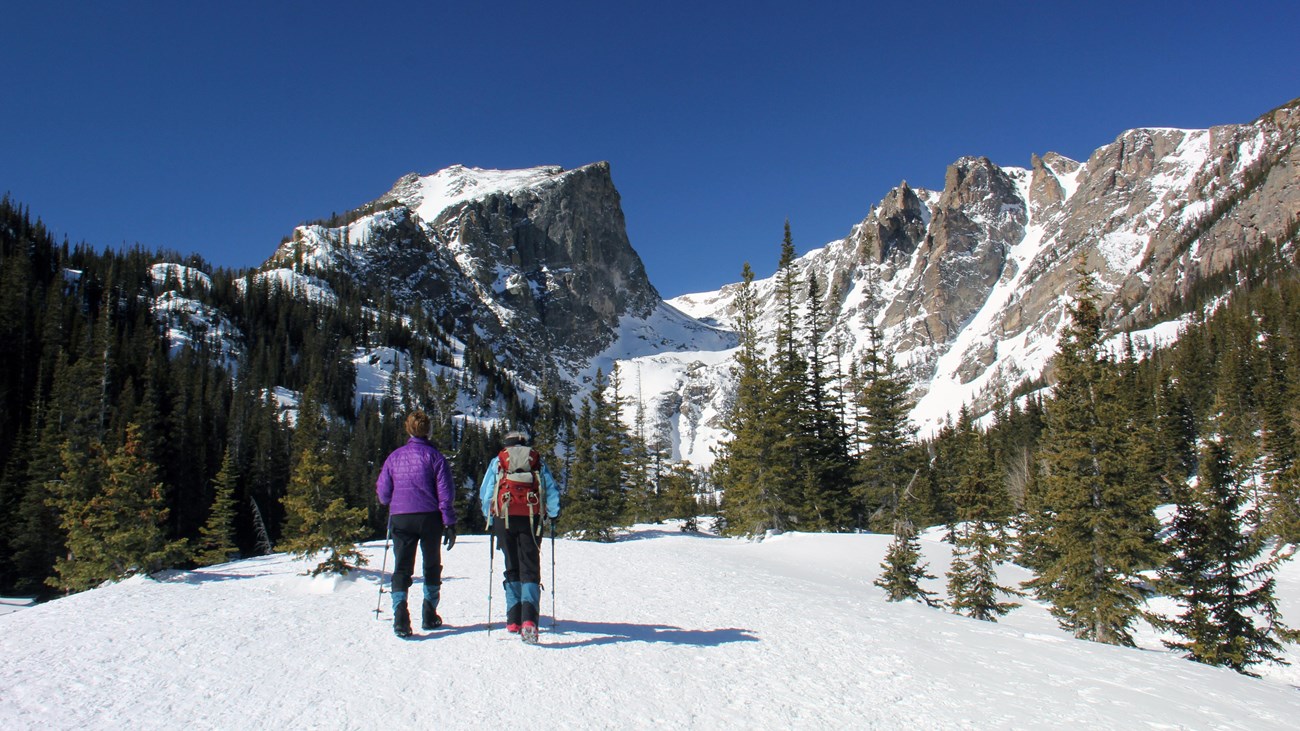 Two people are snowshoeing