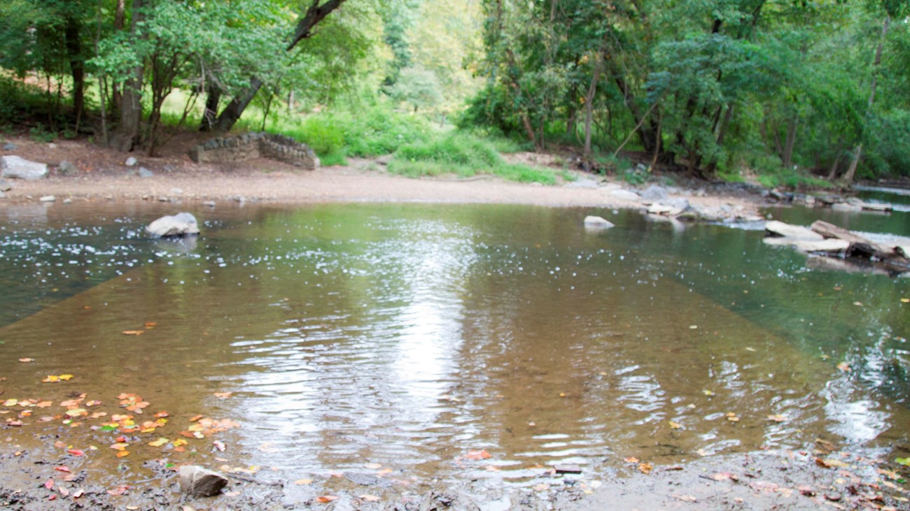 A road is barely visible beneath the brown still waters of the creek