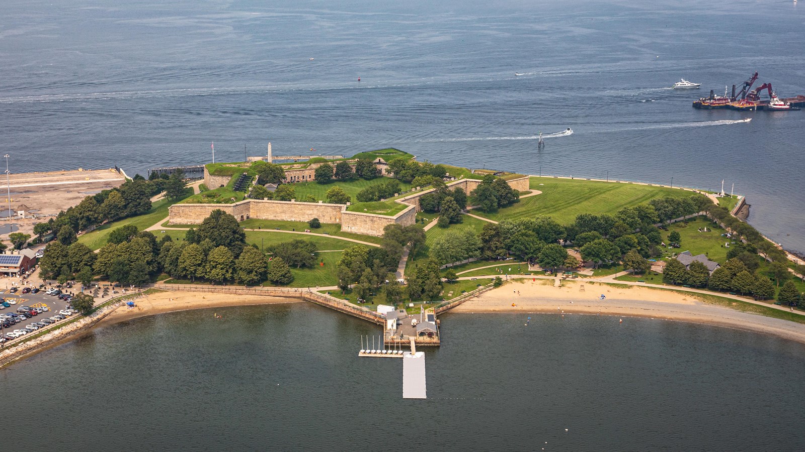Aerial shot of Castle Island, featuring the harbor as well as the star-shaped Fort Independence