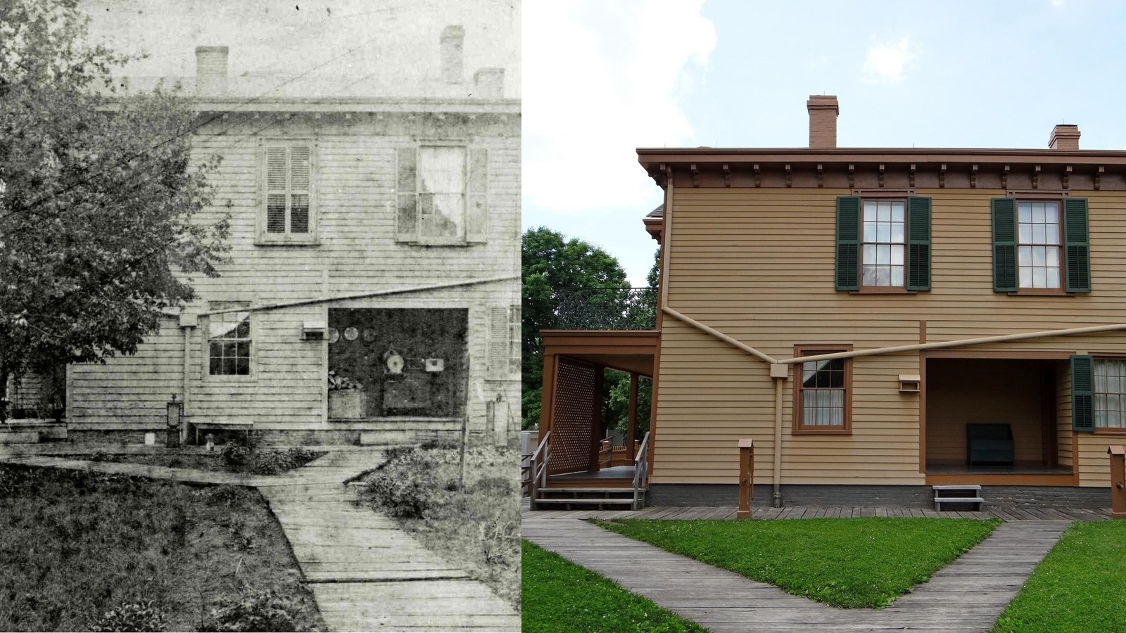 Photo of Lincoln Home backyard as it looks today vs. 1865 photo of backyard, looks similar
