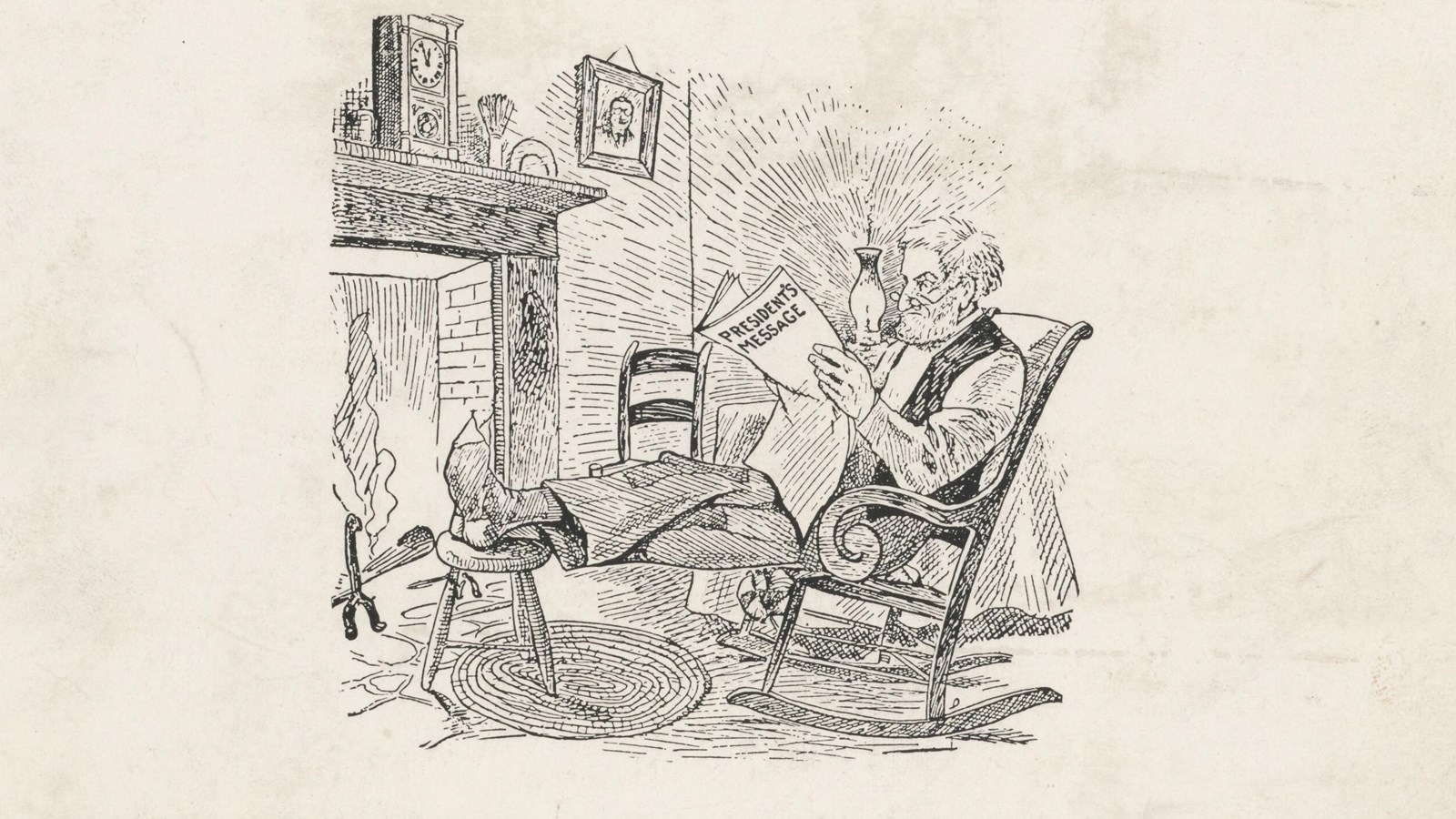 A man, likely meant to represent both Uncle Sam and members of the general public, relaxing by the f