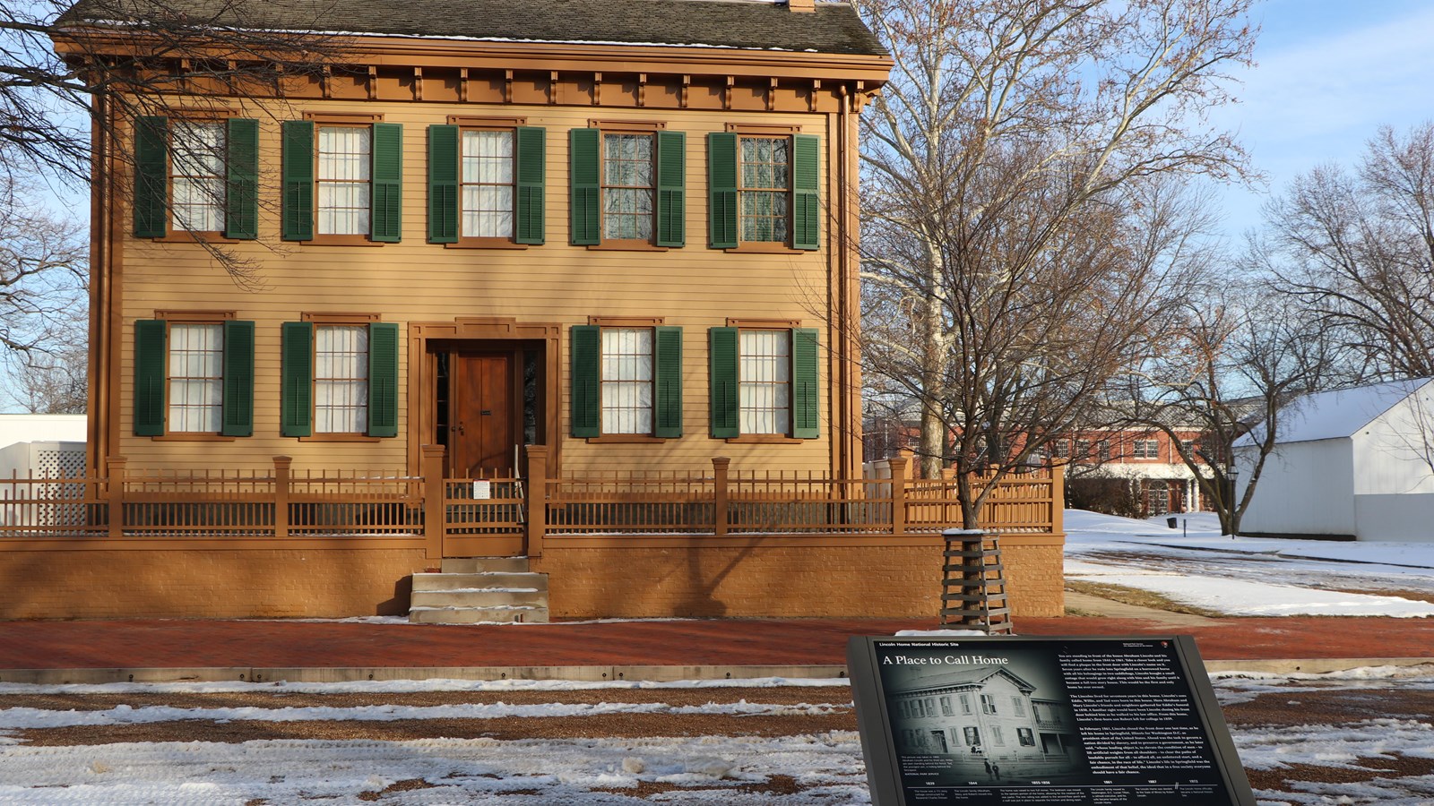 Outdoor wayside exhibit across the street from the front face of the Lincoln Home