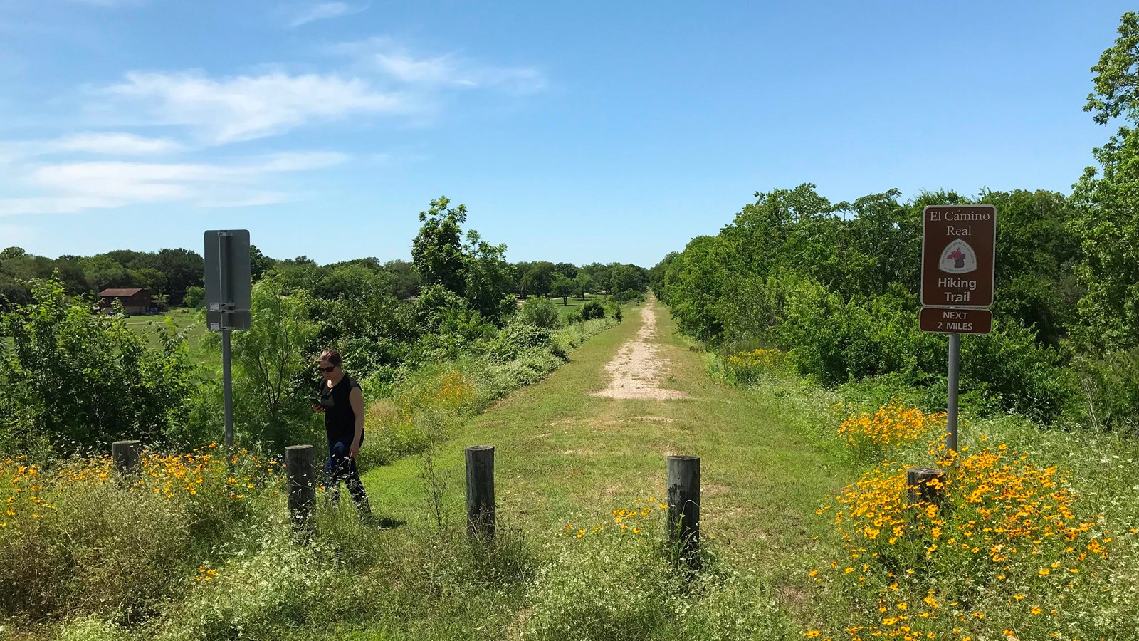 A green park with a dirt packed trail traversing through it.