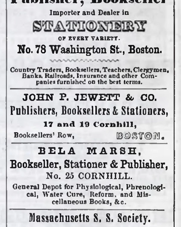 Page with two columns of advertisements in the 1851 Boston directory