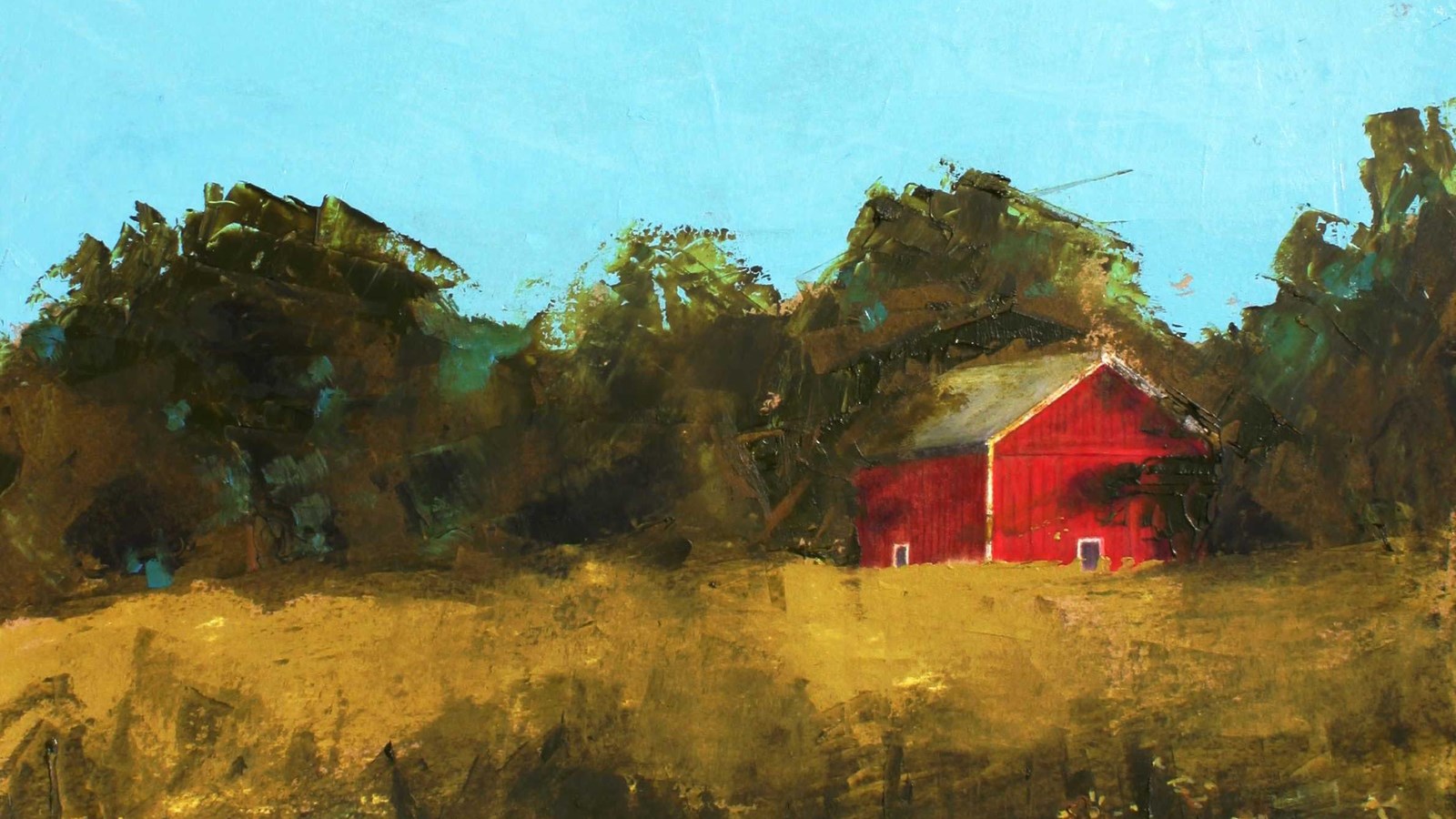 A painting depicts a red barn shaded by trees as seen from the golden tallgrass prairie.