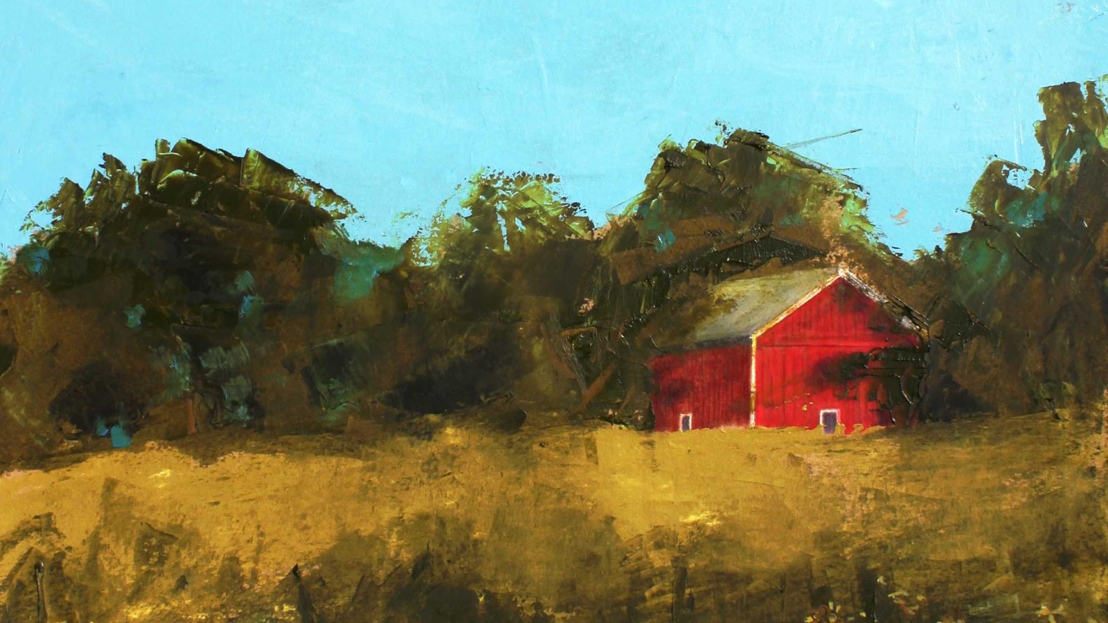 A painting depicts a red barn shaded by trees as seen from the golden tallgrass prairie.