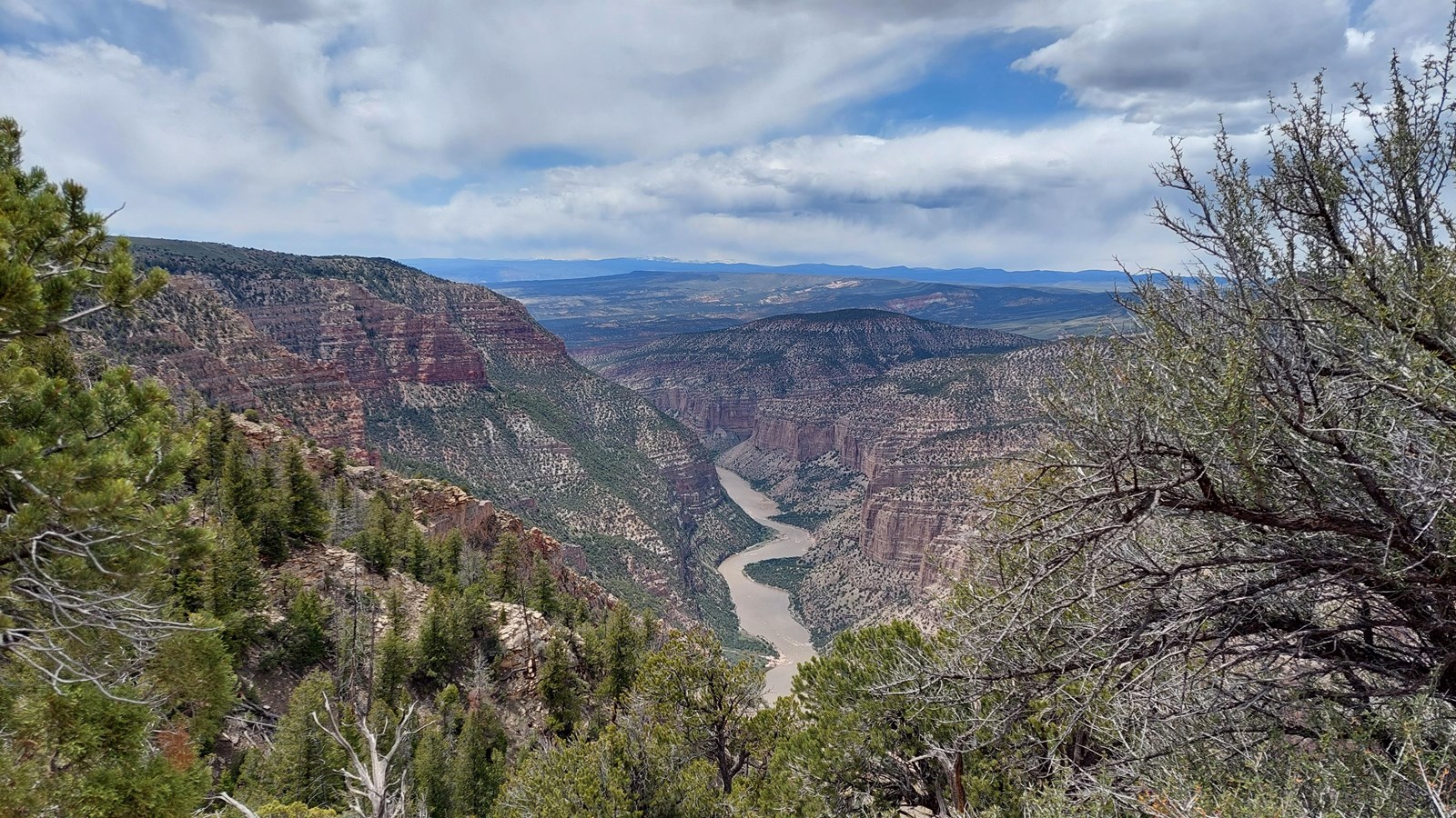 A large canyon with towering orange cliffs.