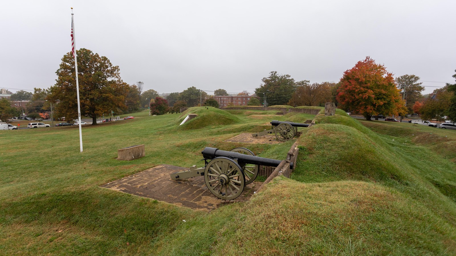 Two cannons in a grassy field