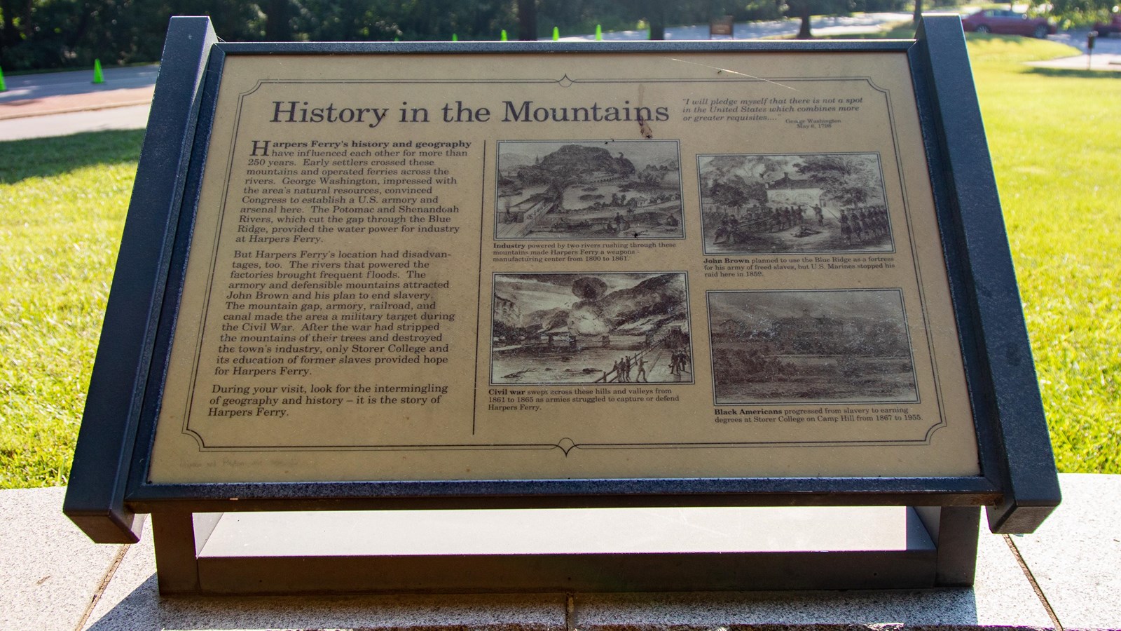 Text with images of 19th century drawings of Harpers Ferry landscape, soldiers, and an explosion.