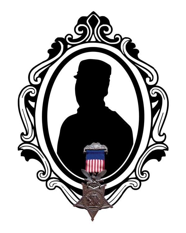 A black silhouette of a man wearing a cap with a bronze medal with red/white/blue ribbon on top