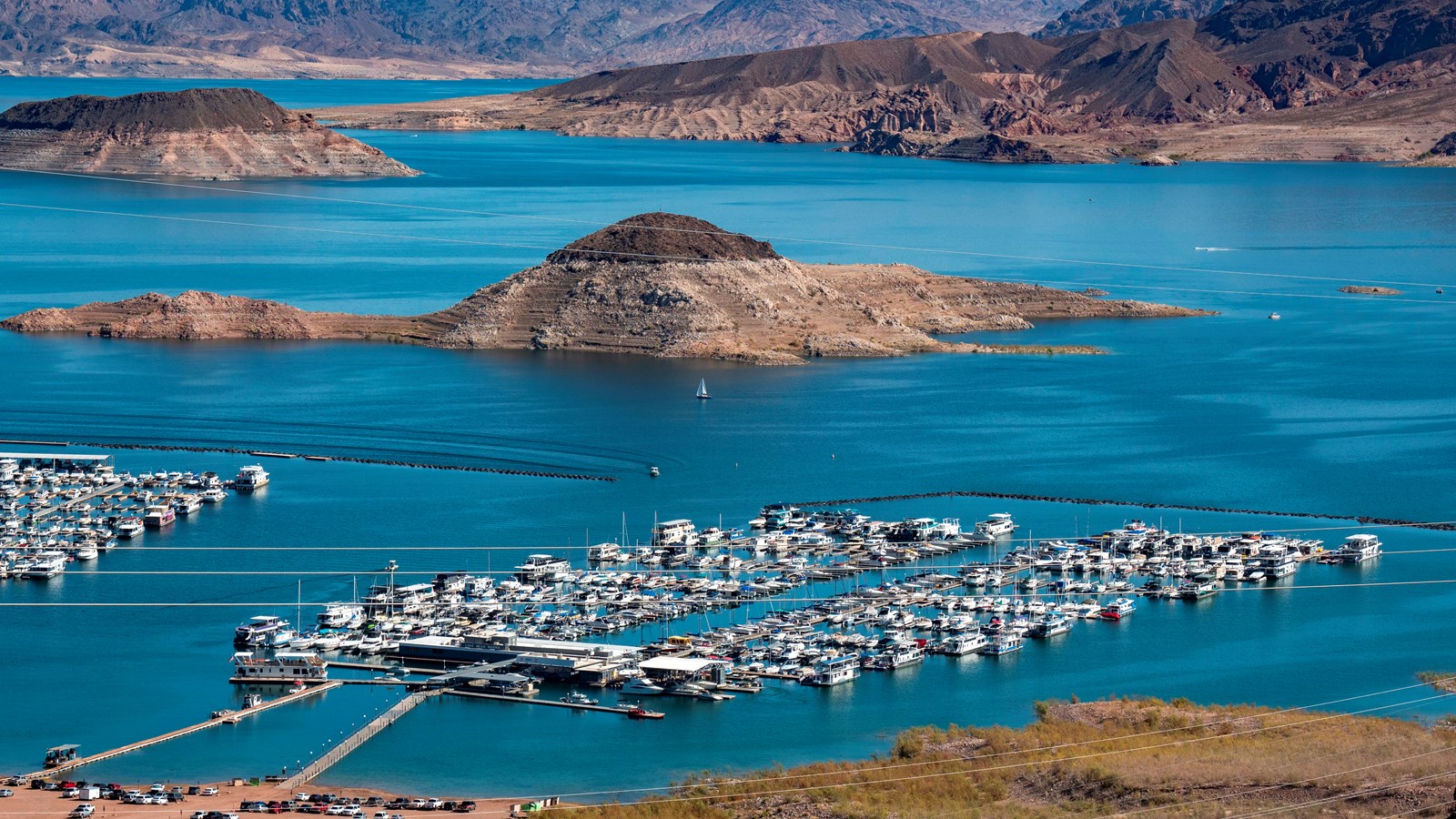 Large marina in a desert lake. 