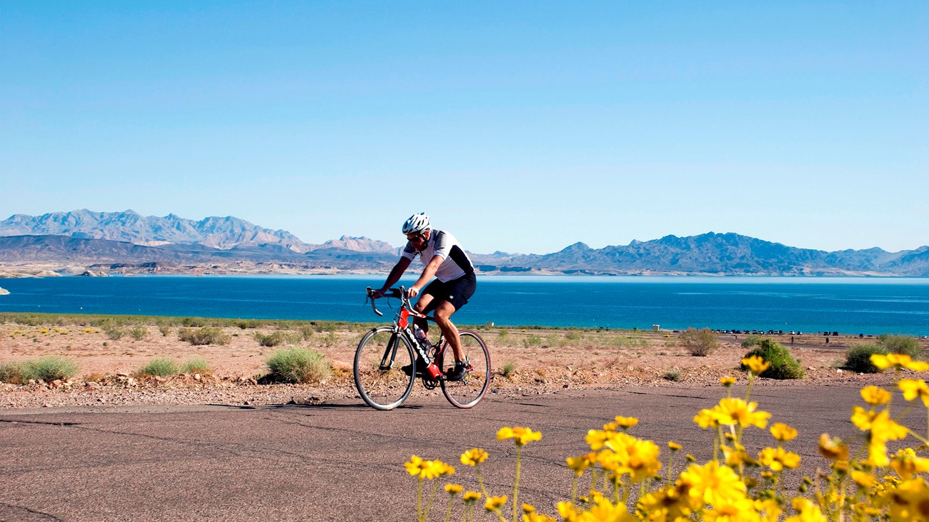 A cyclist on a trail with a lake in the background