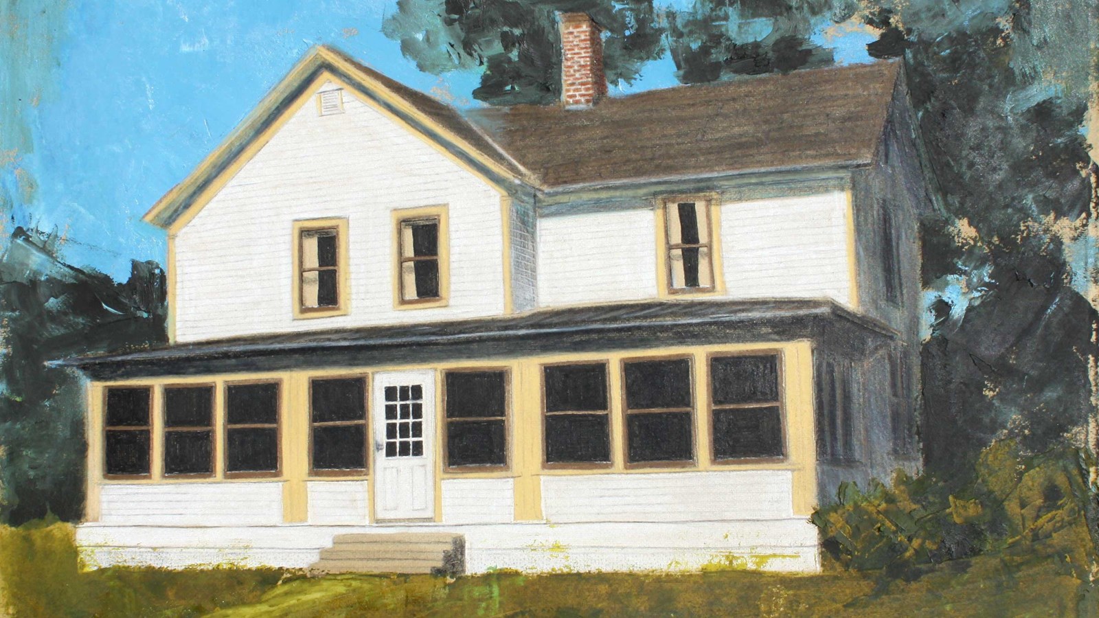 A cream colored two story house with a broad enclosed porch and yellow trim, depicted in a painting.