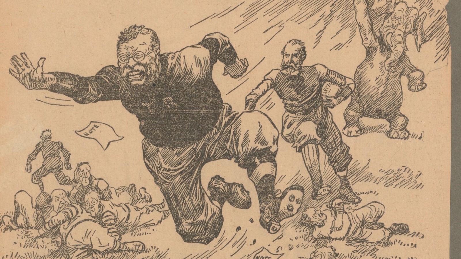A sepia political cartoon of Thedore Roosevelt playing football. 