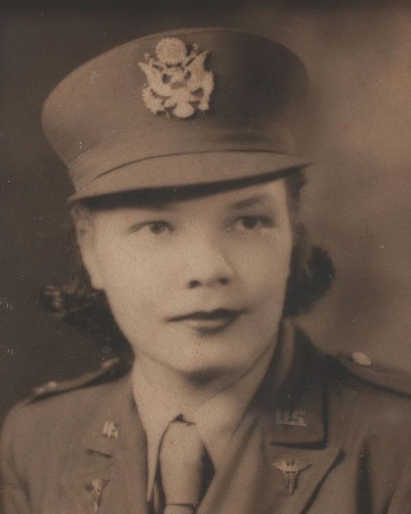 A photograph of Lt. Louise Lomax, Army Nurse Corps. She is wearing an Army Nurse Corps uniform.