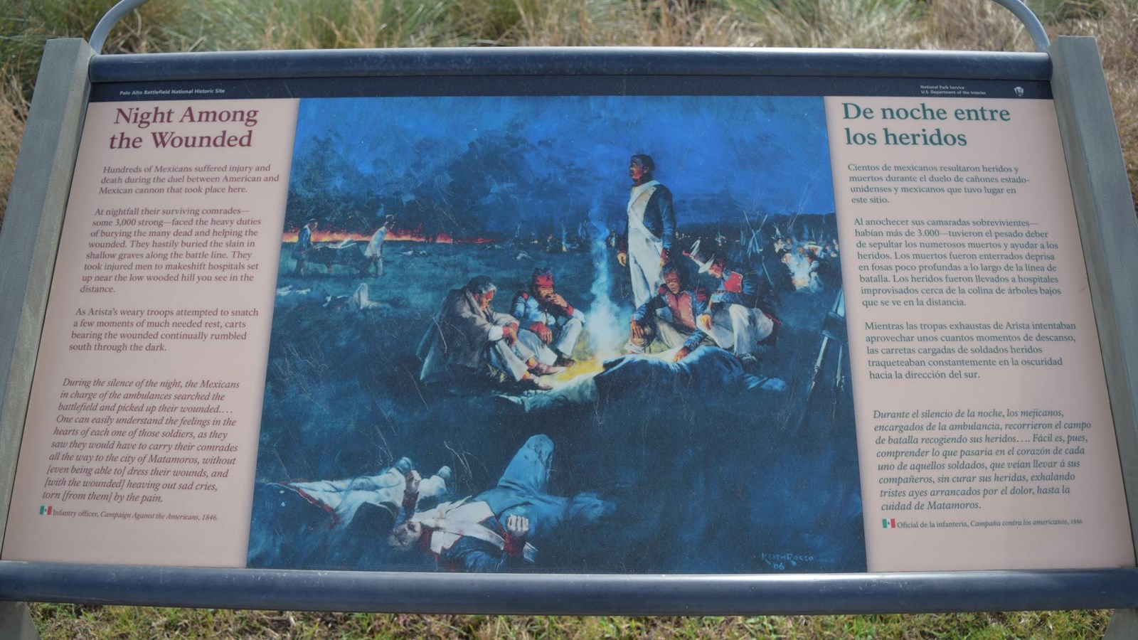 A low-profile cantilever wayside base in grey weathering steel for a 36”x 24” interpretation panel.