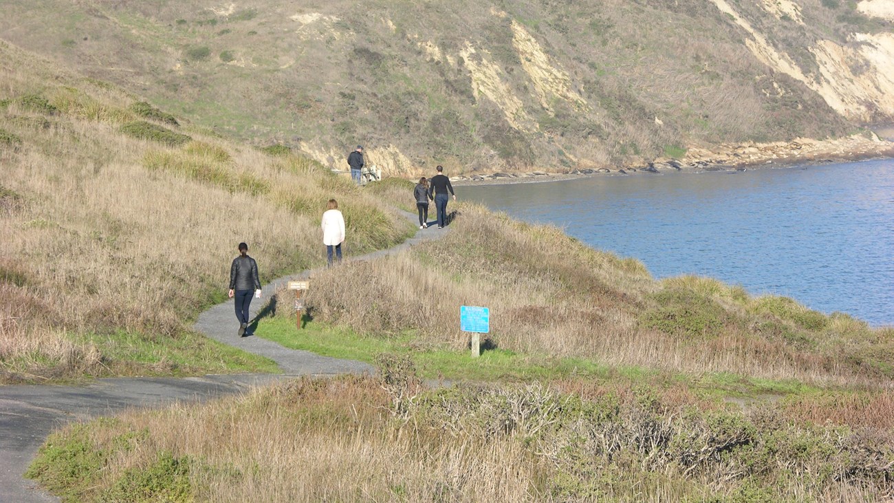 A photograph of five people walking along a narrow blufftop trail with a bay on the right.