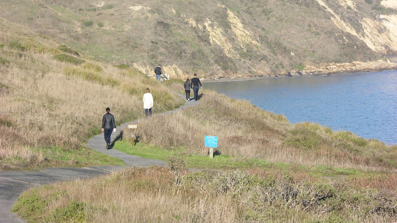 A photograph of five people walking along a narrow blufftop trail with a bay on the right.