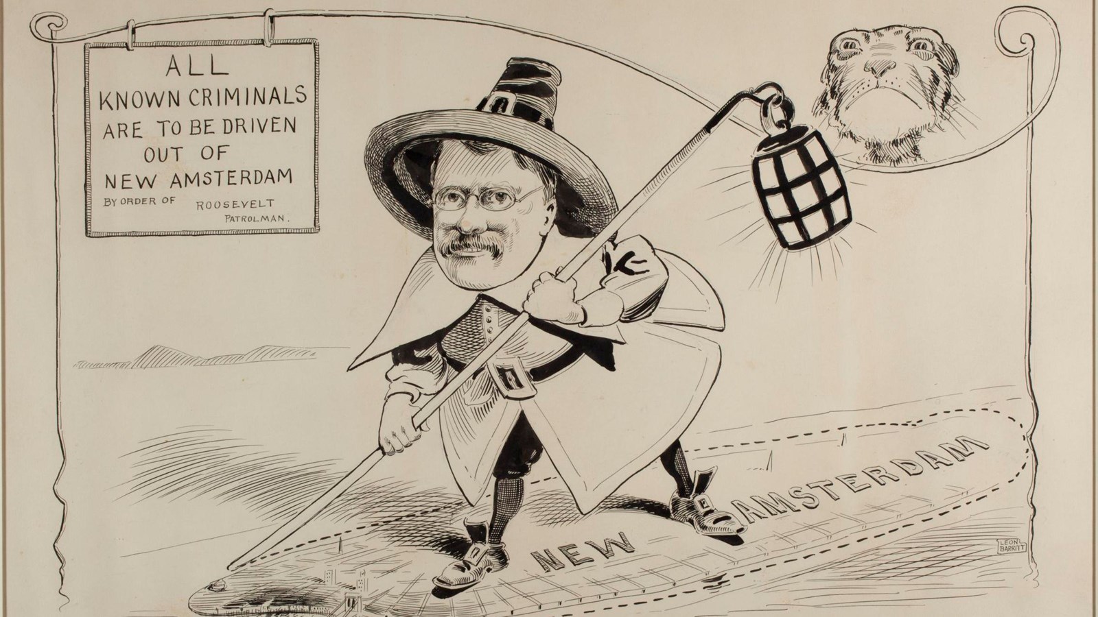 A sepia political cartoon of Theodore Roosevelt dressed in traditional Dutch attire and carrying a l