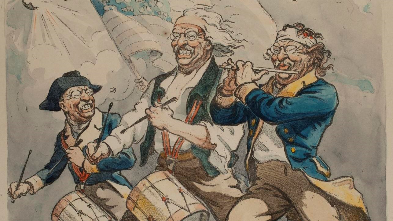 A political cartoon depicting three Theodore Roosevelts walking side-by-side. 
