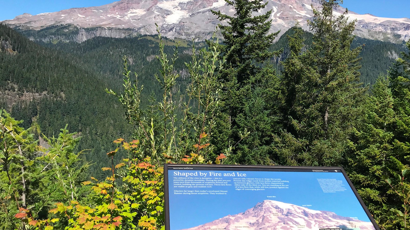 A exhibit panel overlooks a forested valley dominated by a rocky and glacier covered mountain. 