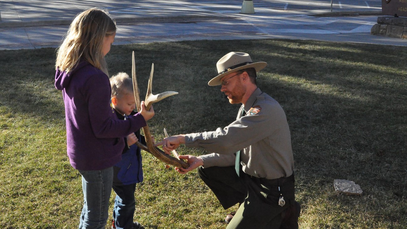 a ranger showing two children an antler