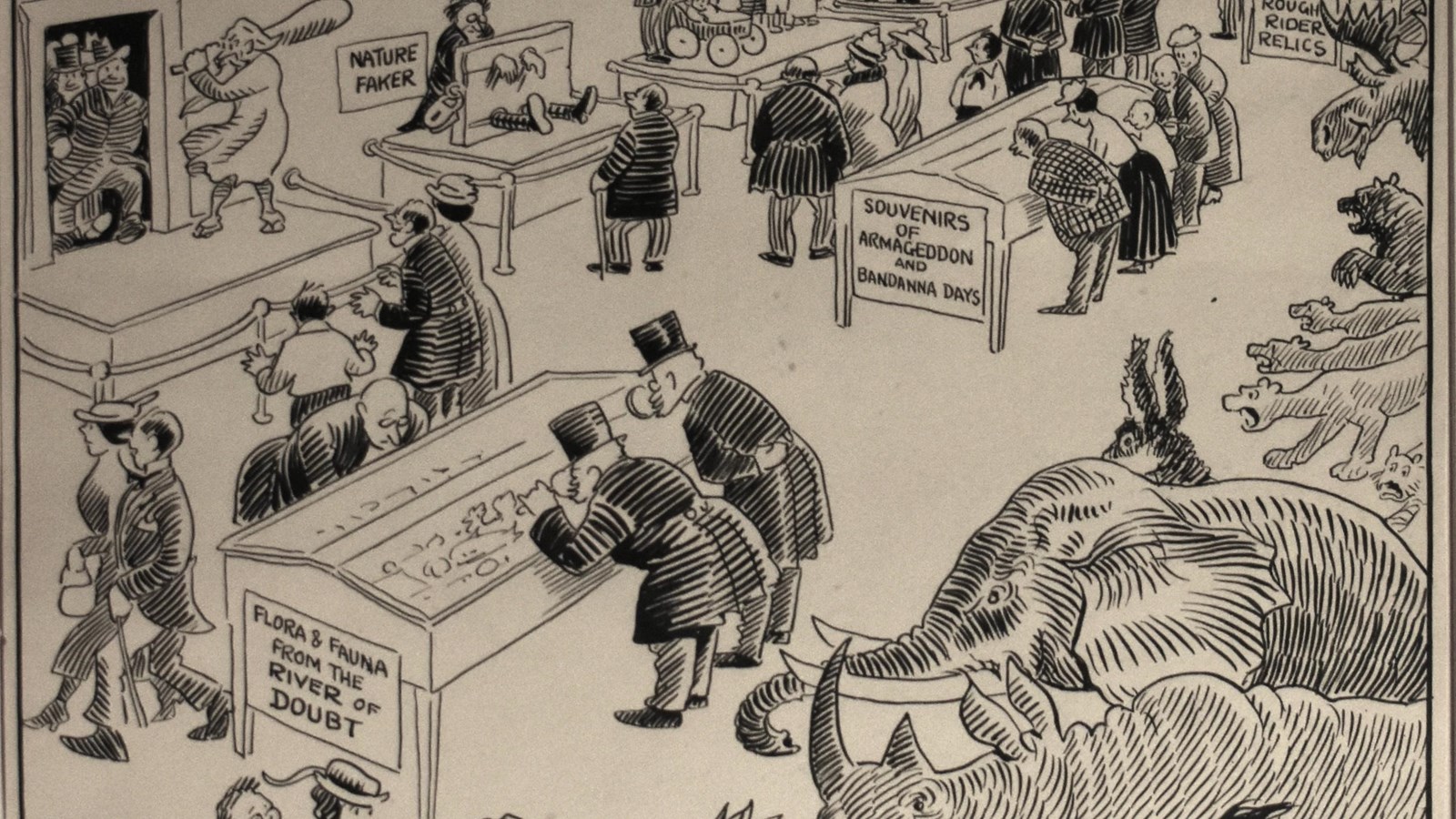 A cartoon of a fantastical version of a museum dedicated to Theodore Roosevelt.