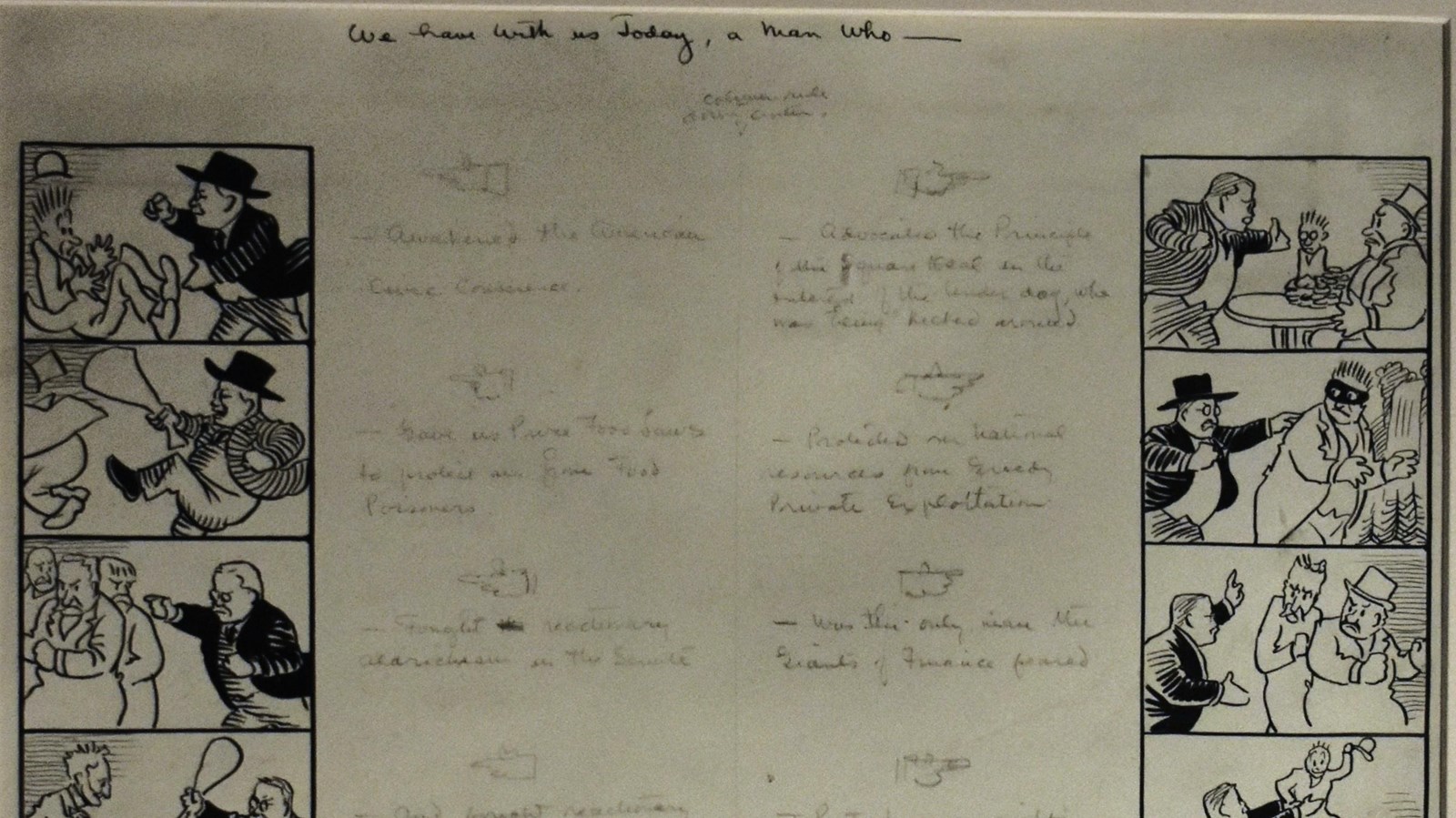 This is a pencil draft of a political cartoon. The drawings and captions are very faint.