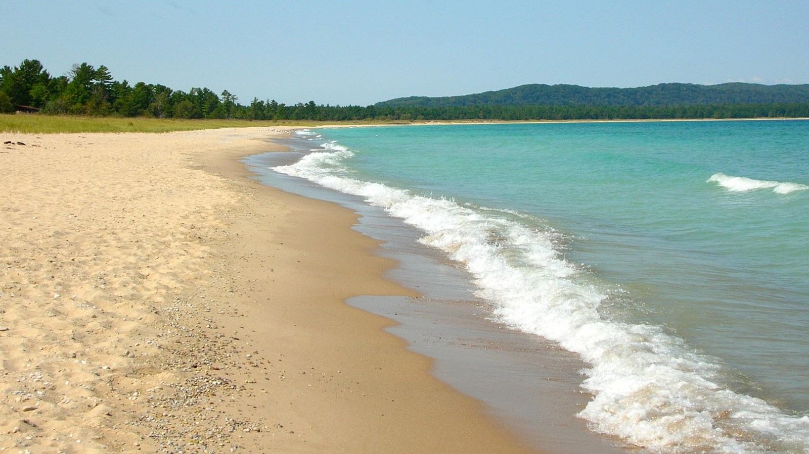A white-tipped turquoise wave rolls on a golden sand beach